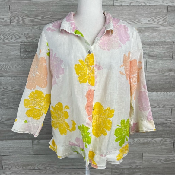 Erin London Linen Long Sleeve Multi Color & White Floral Button down shirt - Picture 1 of 8